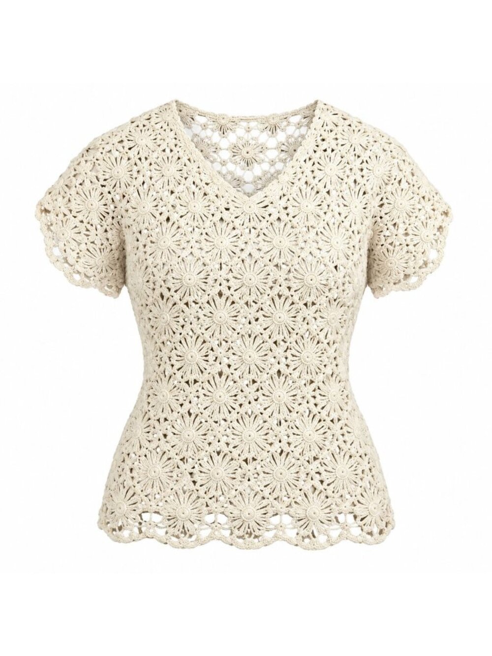 Dressbarn Large Beige Floral Crochet Scalloped Boho Cottagecore Short Sleeve Top